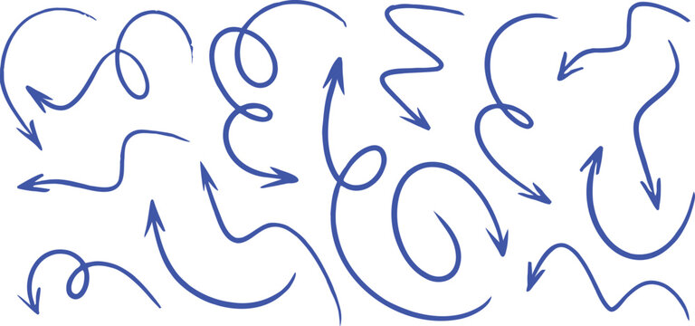 Hand drawn blue arrow doodle collection with curved directional lines and sketch navigation symbols. Creative annotation elements for presentations and infographics. Modern vector set for design 