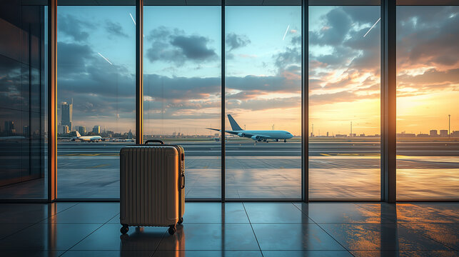 Traveler awaits departure in modern airport terminal during sunset