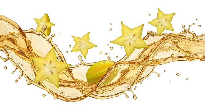 Star fruit splash vibrant carambola with liquid burst isolated on transparent background