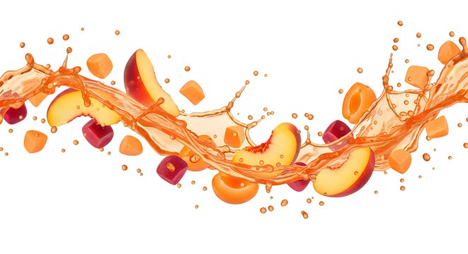Peach splash fresh fruit juice burst with whole and halved peaches isolated on transparent background
