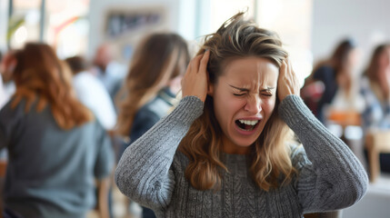 Fototapeta premium Stressed woman covering ears in crowded cafe, front view
