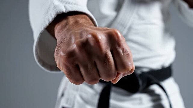 Close up of martial artist clenched fist in white gi with black belt against grey background