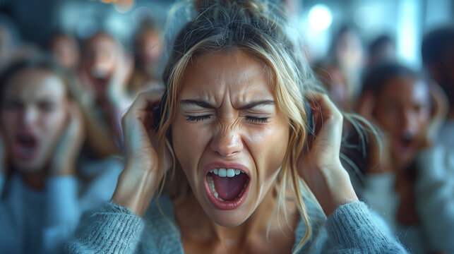 Woman in gray sweater, hands on head, screaming, crowded shopping mall