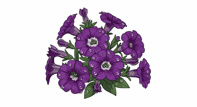 A bouquet of purple petunia flowers with dew drops on petals