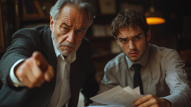 Elderly businessman pointing at young man in a striped shirt, close-up