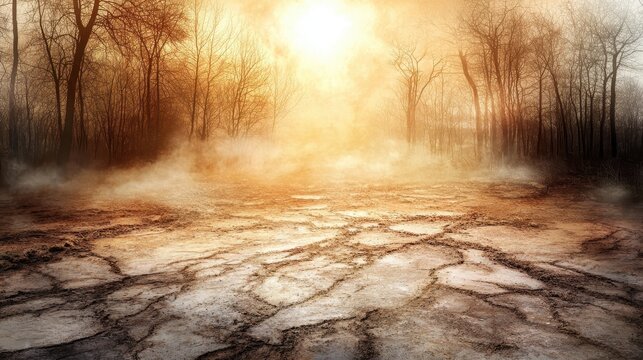 Barren, deforested land with cracked earth under a hazy, warm sunlight and bare trees, depicting environmental impact.