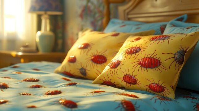 Close up of red bed bug bites in a linear pattern on bedding and pillows within a soft lit bedroom environment