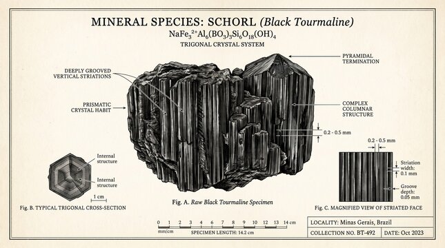 mineral schorl trigonal crystal system prismatic crystal habit pyramidal termination complex columnar structure striation groove depth mineralogy geology schorl mineral