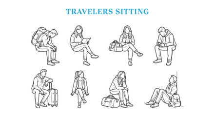 Architectural CAD Blocks of Travelers Sitting, Outline Vector Scale Figures of People with Luggage and Backpacks for Section and Elevation Renderings © MkJutt