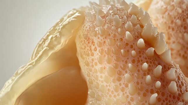 Detailed macro shot of thickened and pitted fingernail surface exhibiting symptoms of psoriasis under soft indoor lighting.