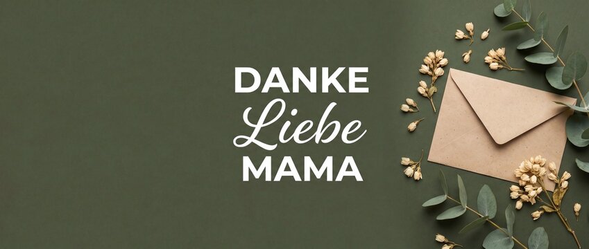 Danke Liebe Mama Muttertag card decorated with eucalyptus leaves and kraft envelope on sage green background, minimalist flat lay banner for German greeting template. Mother's Day thank you card.