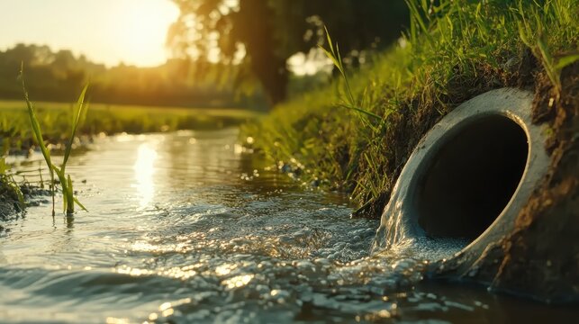 Contaminated water from a storm drain flows into a sunlit river, highlighting environmental pollution issues.