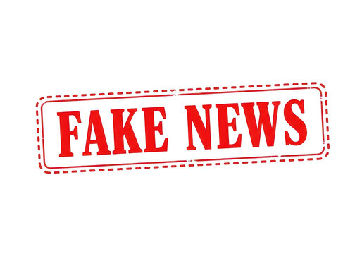 Red fake news rubber stamp impression on a rectangular border frame for media literacy and fact checking concepts and digital information verification isolated on a transparent background