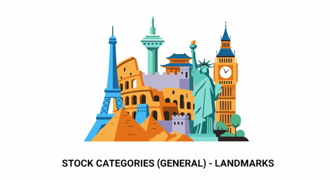 Stylized collage of famous global landmarks in flat illustration style