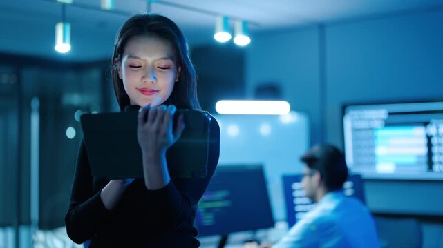 Confident young Asian female software engineer using a tablet in a high-tech IT office environment at night. Professional woman developer working with a colleague in a modern corporate server room.