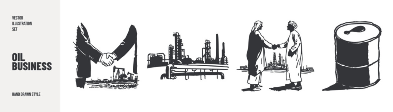 Oil refinery partnership energy cooperation industrial sketch artwork. Illustrations for business documents and sector advertising. Hand drawn pencil style with bold monochrome strokes.