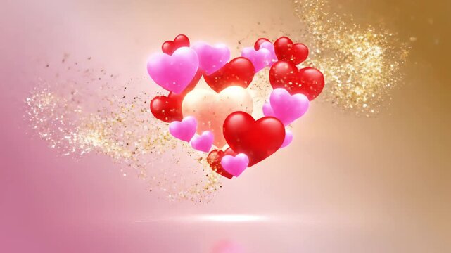 A cluster of vibrant pink and red hearts float amidst golden sparkles in a gradient pink and gold background.