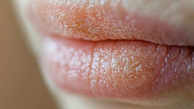 Extreme close up of scabbed lips undergoing a healing process showcasing dry chapped skin and texture