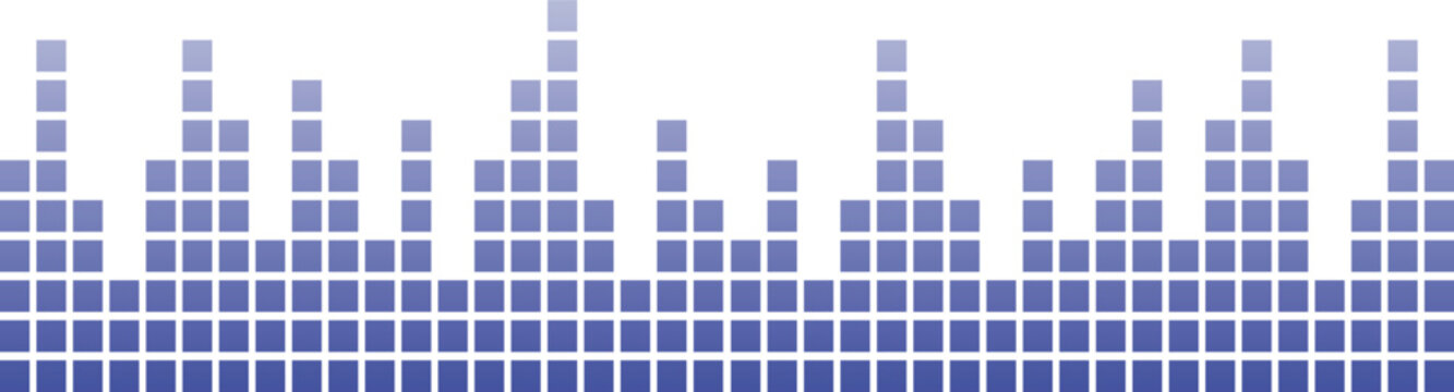 Blue audio equalizer bars with digital sound level visualization and music frequency pattern. Modern technology graphic for media, streaming and broadcasting themes. Clean vector design element.