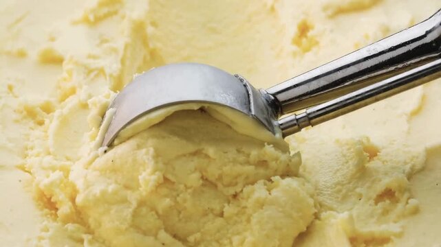 4K Video of a professional metal scoop rolling a perfect ball of creamy vanilla bean ice cream with specks, creating a smooth texture in a tub, ideal for sweet summer dessert commercials and food mark