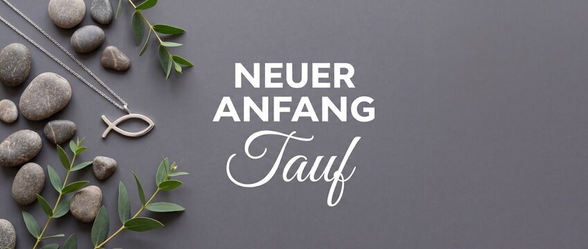 Christian fish silver necklace baptism concept with German text Neuer Anfang Taufe on gray stone background decorated with elegant green eucalyptus branches and zen pebbles for spiritual communion car