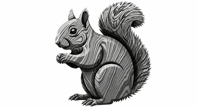 Stylized black and white pixel art squirrel with wood grain texture