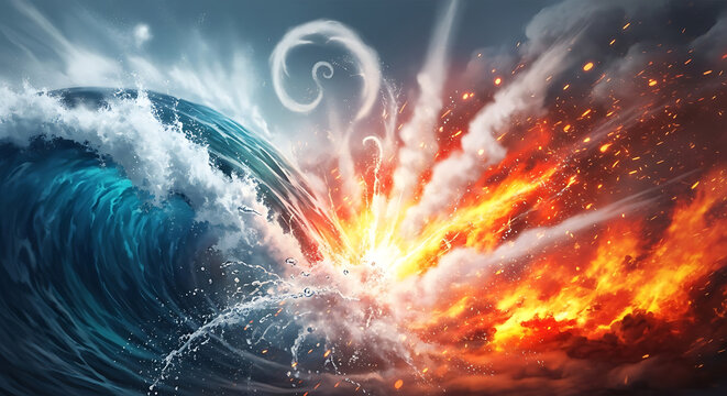 Dramatic clash of elemental forces, a powerful wave meets intense fire in a symbolic explosion.