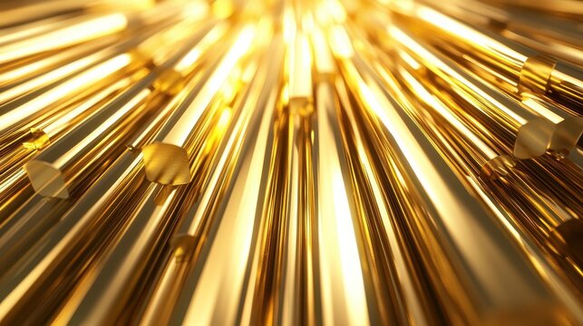 Golden metallic rods with bright light creating a luxurious and prosperous abstract pattern