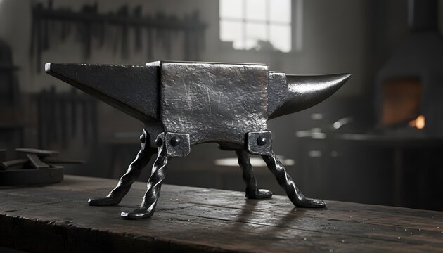 Vintage heavy blacksmith anvil with wrought iron stand resting on a rustic wooden workbench in a traditional workshop, representing craftsmanship and strength concept