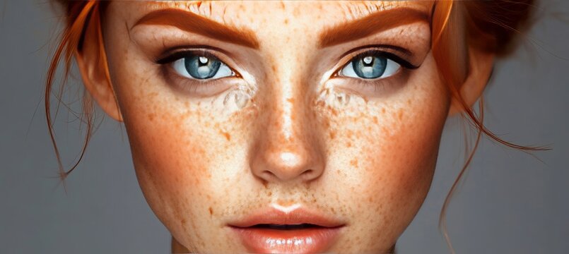Stunning Portrait of a Natural Beauty with Ginger Hair, Captivating Eyes, and Flawless Skin Texture