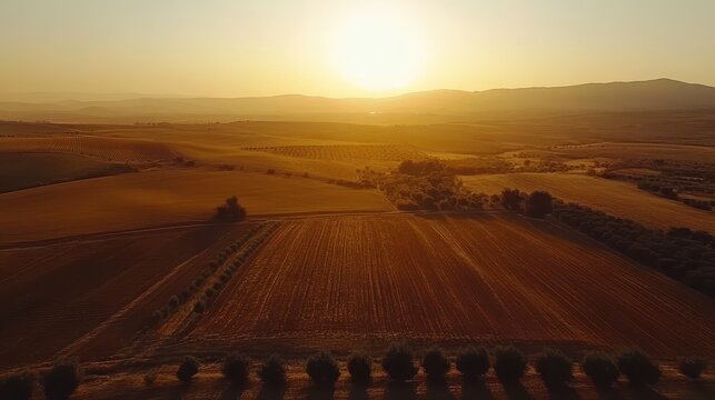 Golden sunset over drought-affected agricultural fields, showcasing resilient farming practices in rural landscapes.
