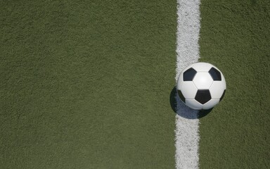 Obraz premium Down view of a soccer ball placed on the white sideline of a green grass pitch showing the texture of the turf and the painted boundary