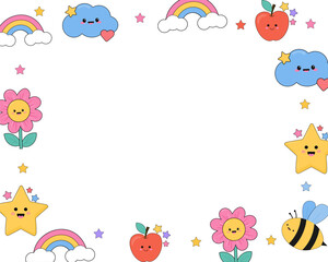 Fototapeta premium Border Frame with Rainbow, Star, Cloud, Flower, Apple and Bee Characters Vector Illustration