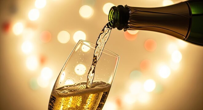 Champagne being poured into a flute glass with festive bokeh lights in the background.
