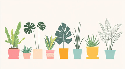 Fototapeta premium Illustration of various indoor plants — monstera, ficus, palm, and succulent. Clean composition and modern minimalism