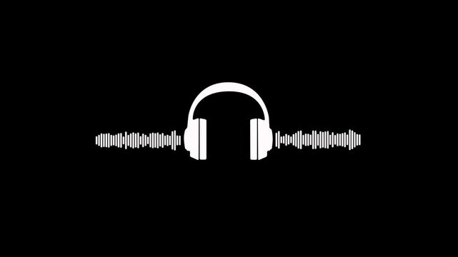 Minimalist headphone icon with sound waves loop animation on black background. Headphone icon with active audio equalizer sound wave, voice signal frequency and digital voice visualization