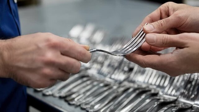 Closeup medium shot of a worker examining table forks inspecting tines for symmetry and polish quality under bright lighting
