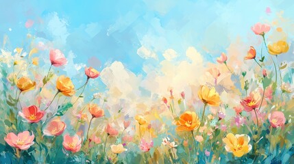 Obraz premium Impressionistic Floral Landscape Painting with Blooming Wildflowers Under a Soft Blue Sky
