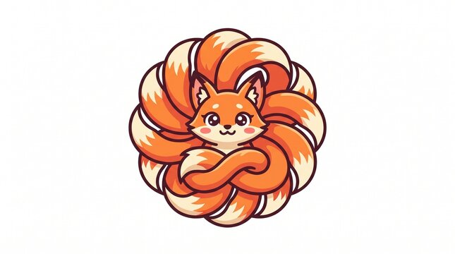 Cute Kawaii Style Nine Tailed Fox Creature Illustration In Round Formation