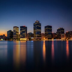 Fototapeta premium Stunning City Skyline at Dusk with Reflections on Water