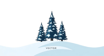 Obraz premium Three snow-covered evergreen trees stand tall on a gentle snowy hill under a white sky.