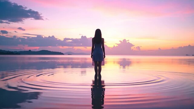 A woman stands in water at sunset, reflecting the vibrant sky