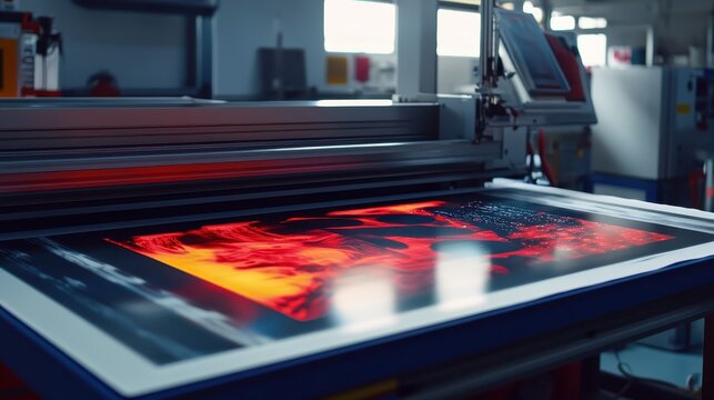 Industrial printing machinery producing vivid advertising materials with fiery colors in a modern facility