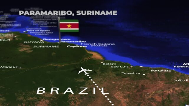 Flight From Rio Brazil to Paramaribo SURINAME with flag pins