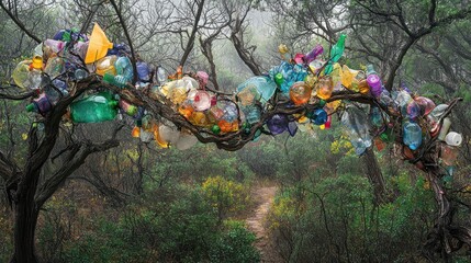 Naklejka premium Plastic waste tangled in tree branches near a hiking trail after a storm, with vibrant colors and soft natural light.