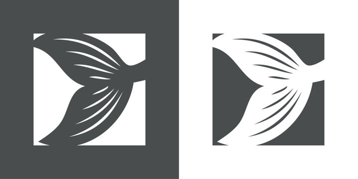 Logo fauna marina. Dibujo minimalista de la silueta de una cola de pez en un cuadrado en fondo gris y fondo blanco 