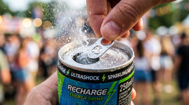 Hand opens can of Recharge Energy Drink with sparkling water splashing out
