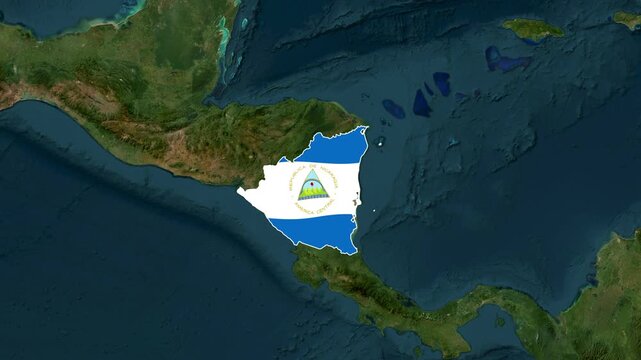 Nicaragua map outline with flag animated over satellite imagery motion footage