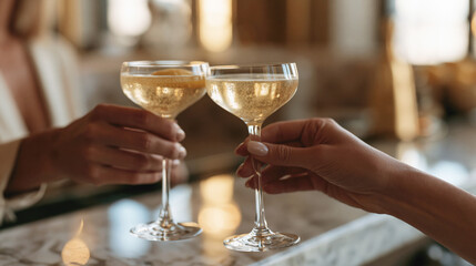 Obraz premium Two hands toast with sparkling champagne coupes in warm indoor light, celebrating friendship and elegance at a stylish bar. Selective focus.
