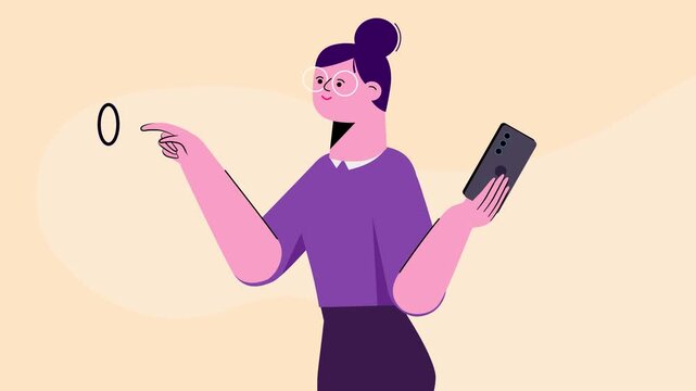Woman with phone clicking black circle button isolated. Cartoon animation of happy flat design explainer video businesswoman character female smiling finger palm press in space left side.